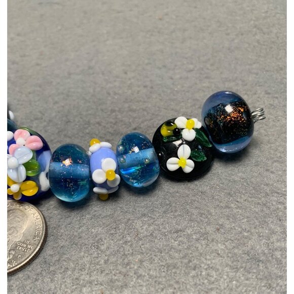 Handmade Floral Lampwork Glass Beads Blue & Black 9 Pieces - Picture 3 of 5